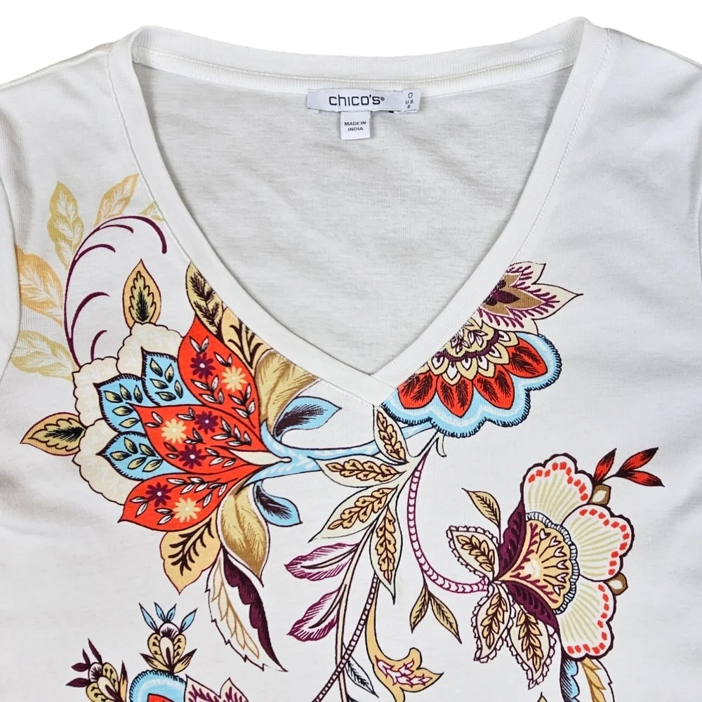 CHICO'S Floral Pima Cotton 3/4 Sleeve Soft, Lightweight Pullover Top Size S - Picture 5 of 11